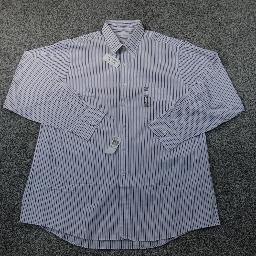 NEW Van Heusen Shirt Mens 17.5 34/35 White Stripe OCBD Oxford Button Down Dress